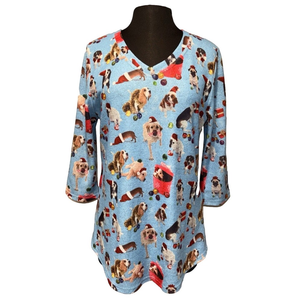 New Shana V Neck Fleece Top Size M Blue Multi 3/4 Sleeve Dog Lover Christmas
